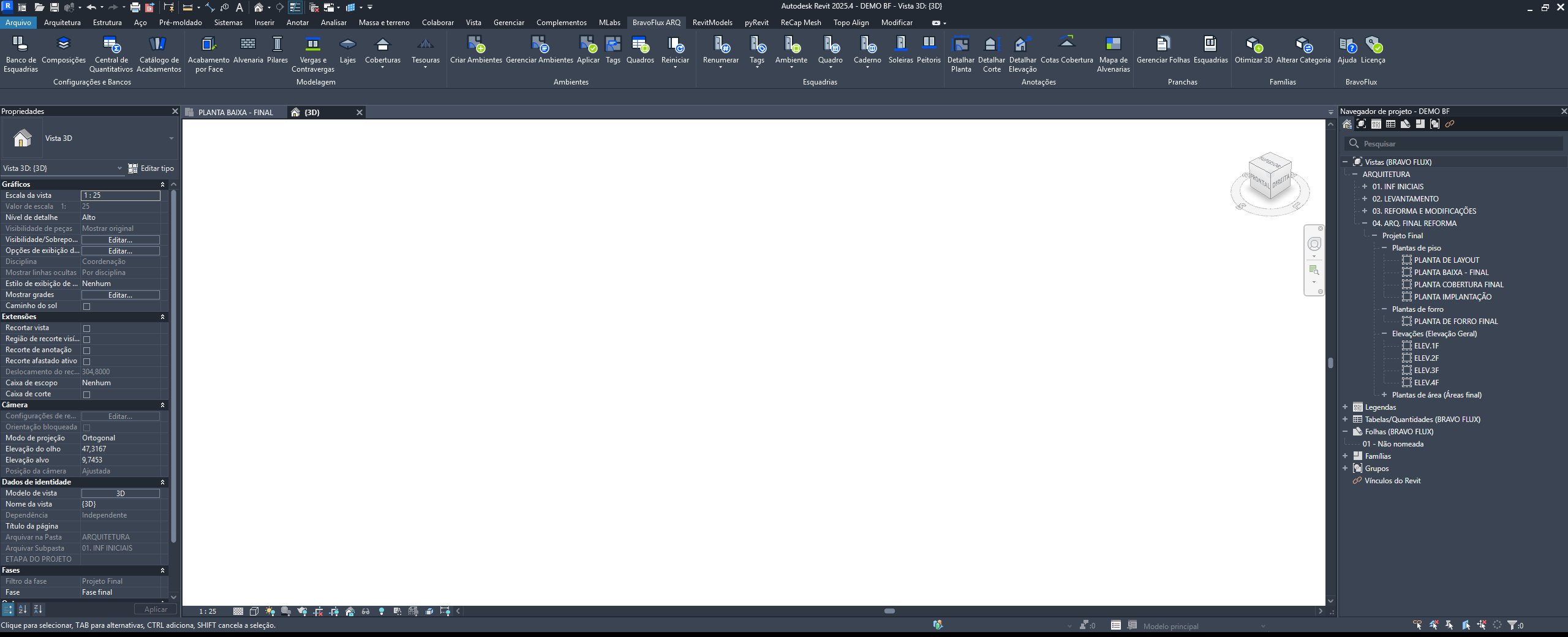 Revit com a aba BravoFlux ARQ aberta